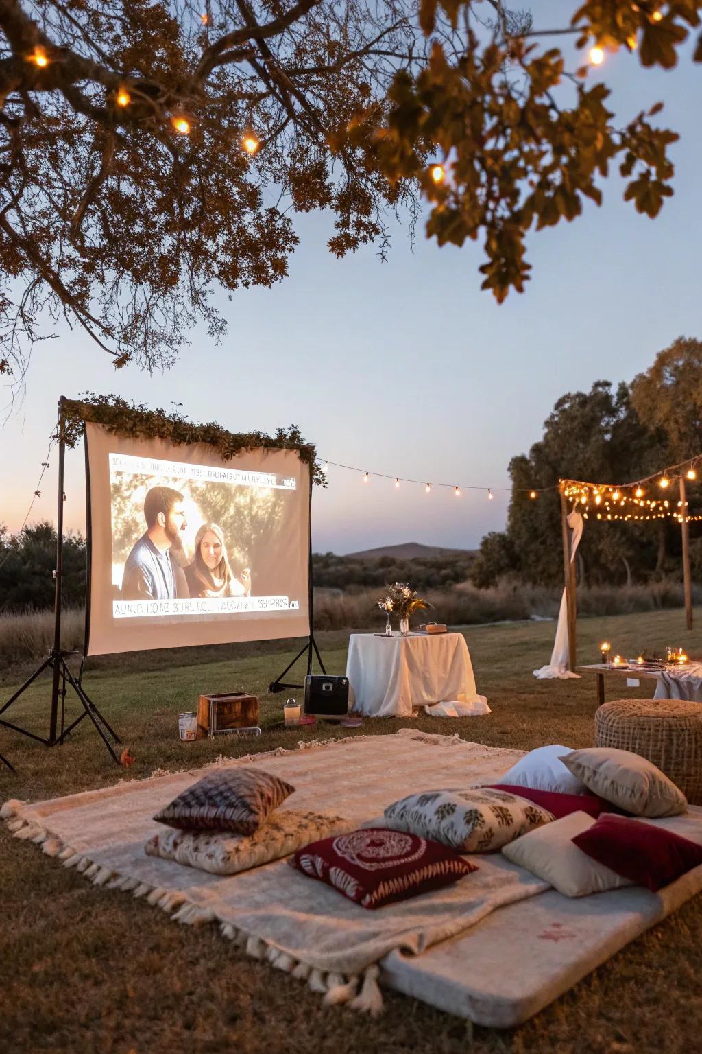 An open-air cinematic evening configuration for an intimate wedding festivity.