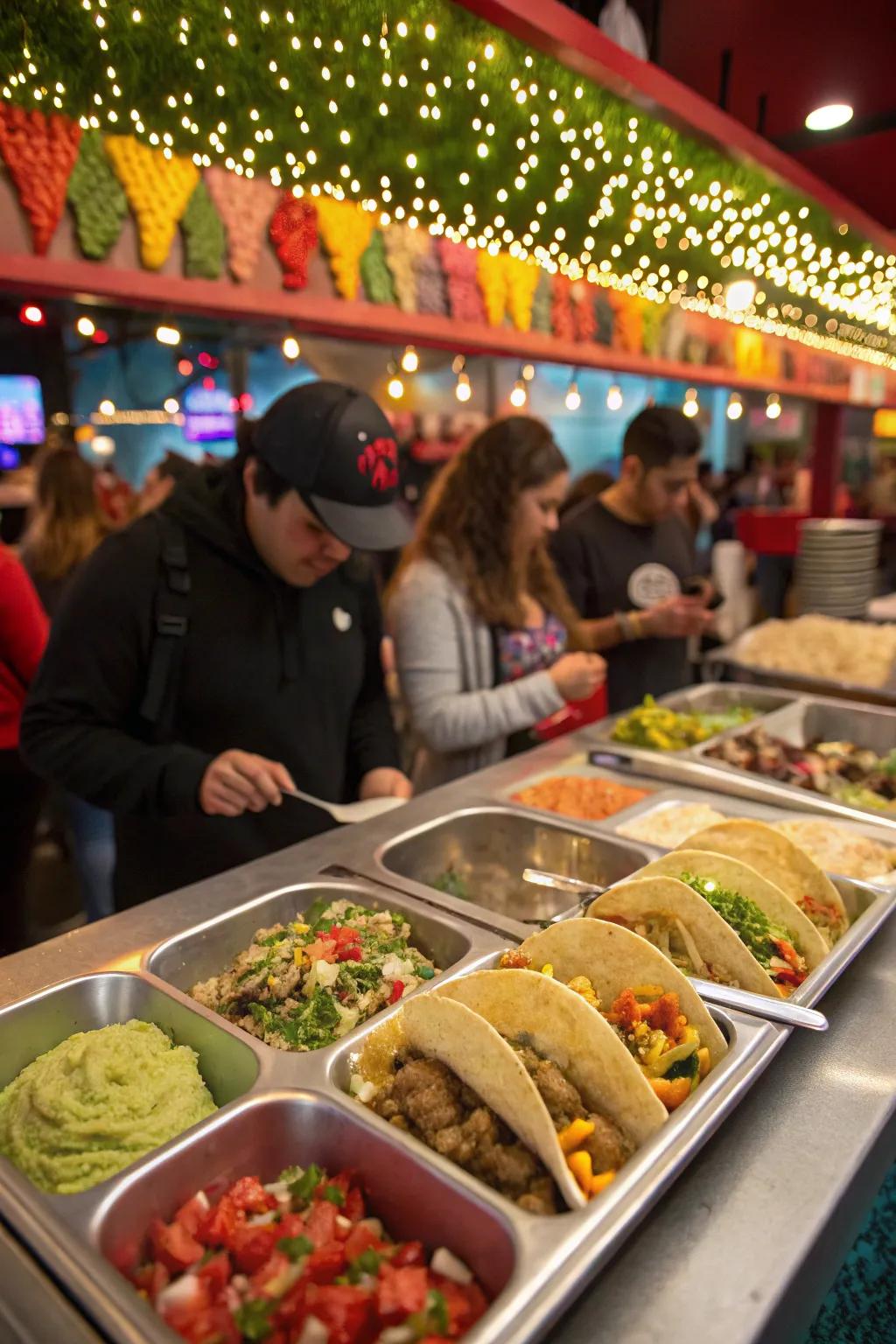 An attractive taco creation station, ready for guests to explore their favorite flavor fusions.