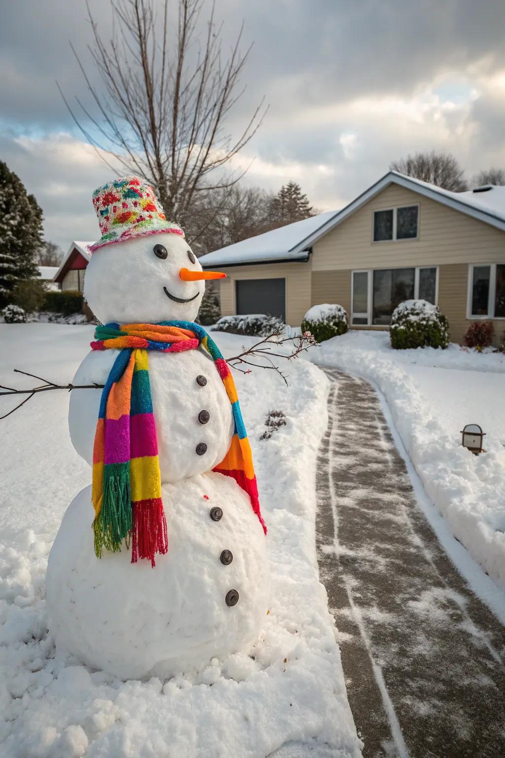 A chromatic snow figure delivering jubilation to a wintry panorama.
