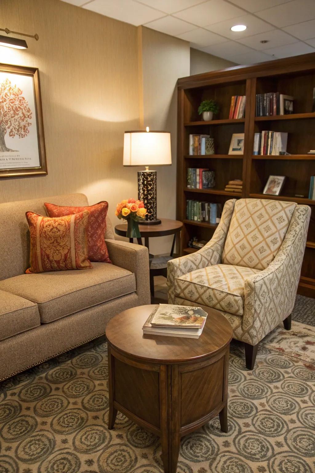 A conversation corner fosters warmth and interaction.
