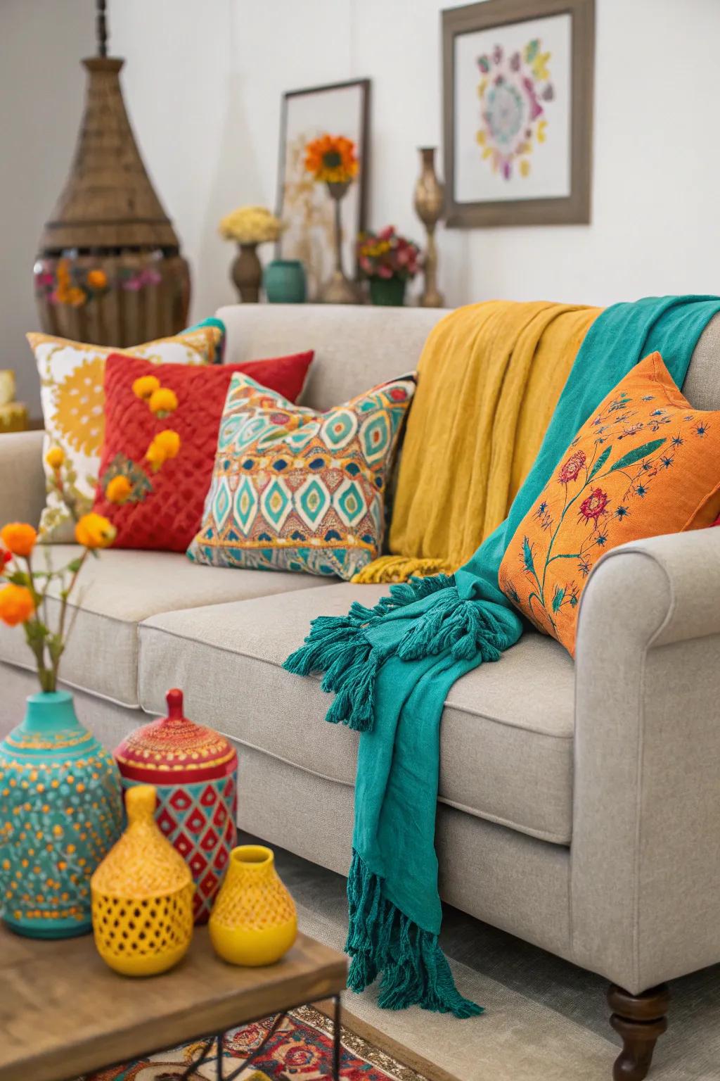 Neutral sofas come alive with bold accents and seasonal decor.