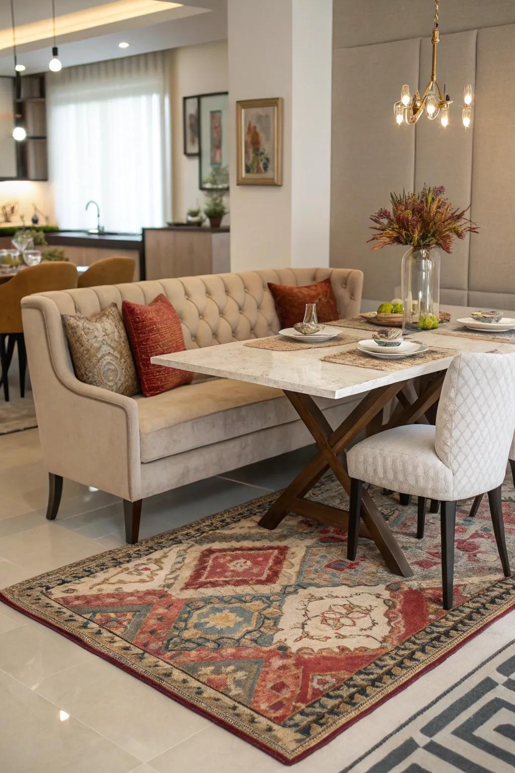 Define spaces with thoughtful rug placement.