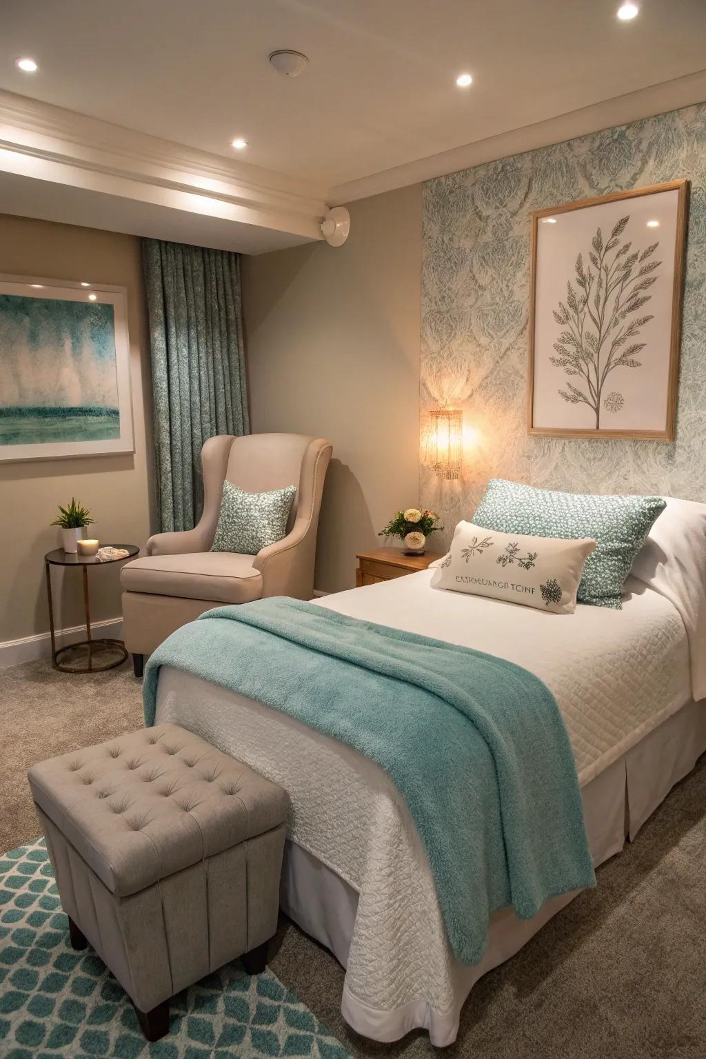 A cozy seating area elevates the spa-inspired ambiance of your bedroom.