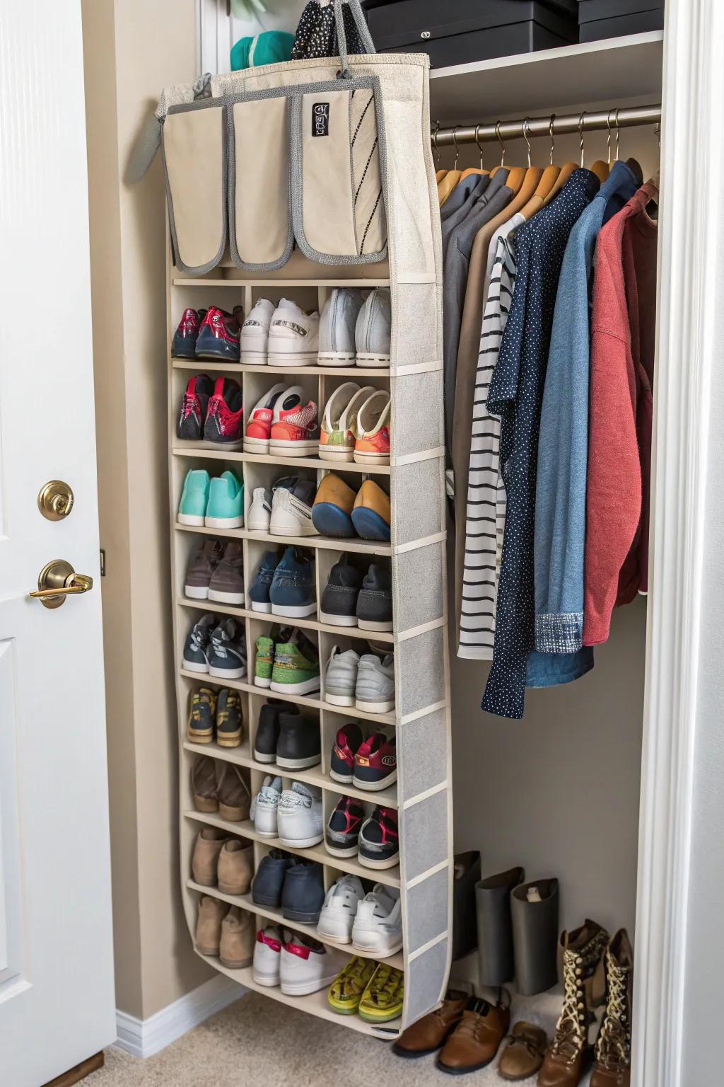 Suspended shoe racks conserve floor area and maintain the arrangement and accessibility of your footwear.