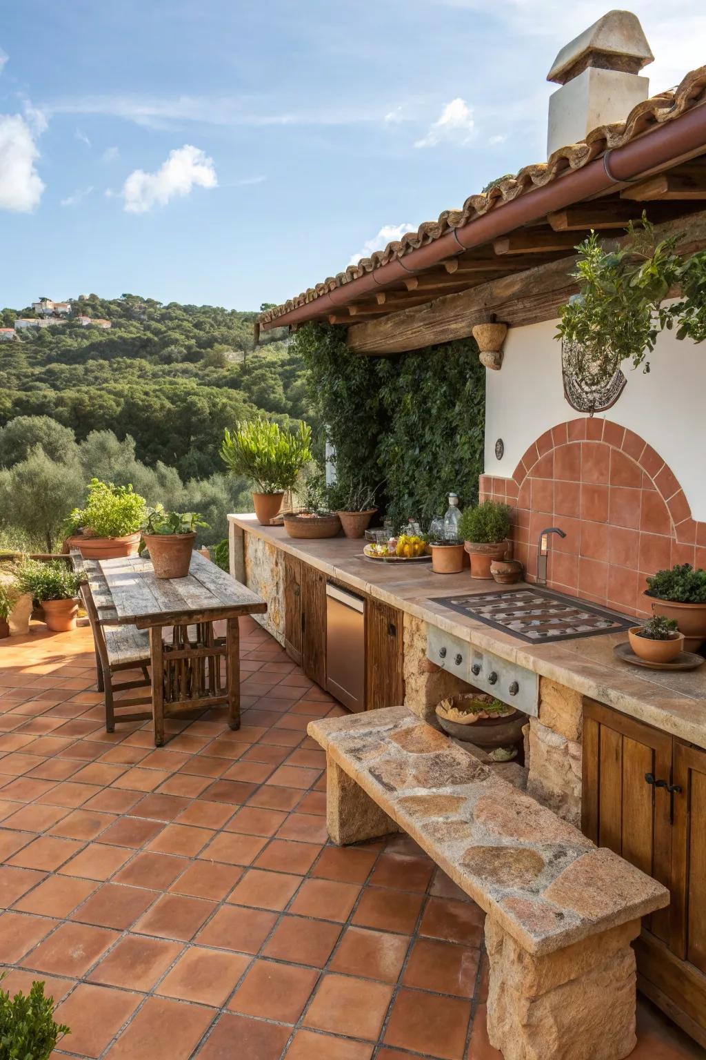Earthenware tiles enhance the Mediterranean charm of this outdoor kitchen.