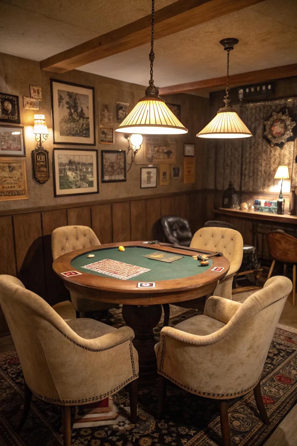 A poker table infuses merriment and interaction into your speakeasy.