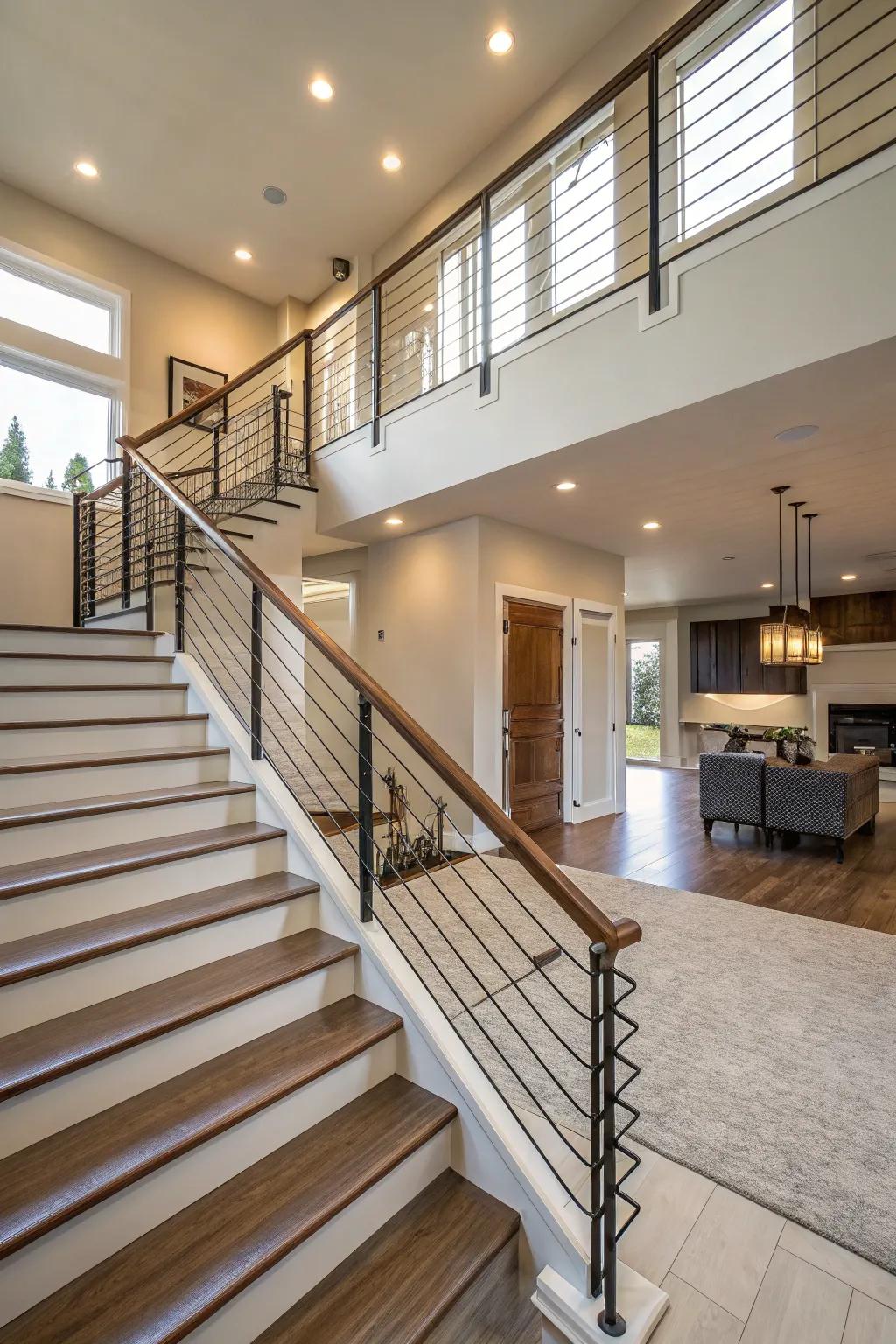 Elegant cable railings offering transparency in a split-level home.