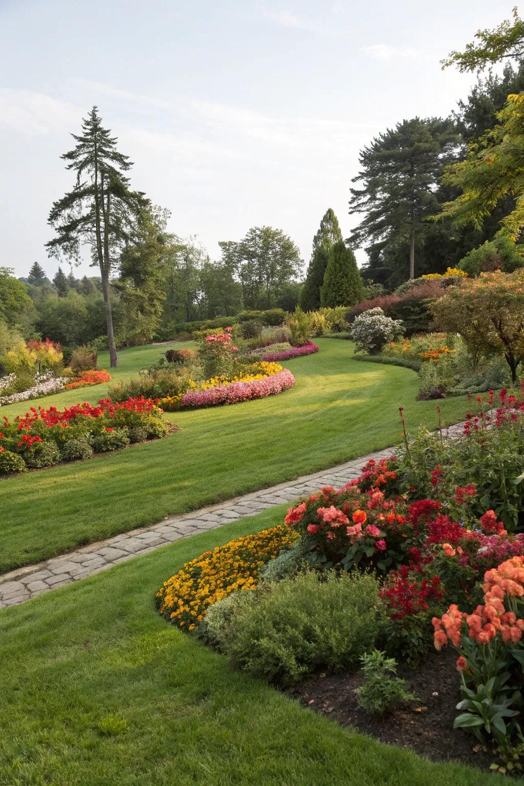 An organic garden setting that harmonizes grass with floral beds.
