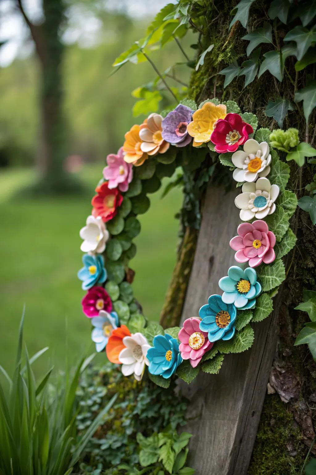 An eco-conscious wreath fashioned from recycled materials.