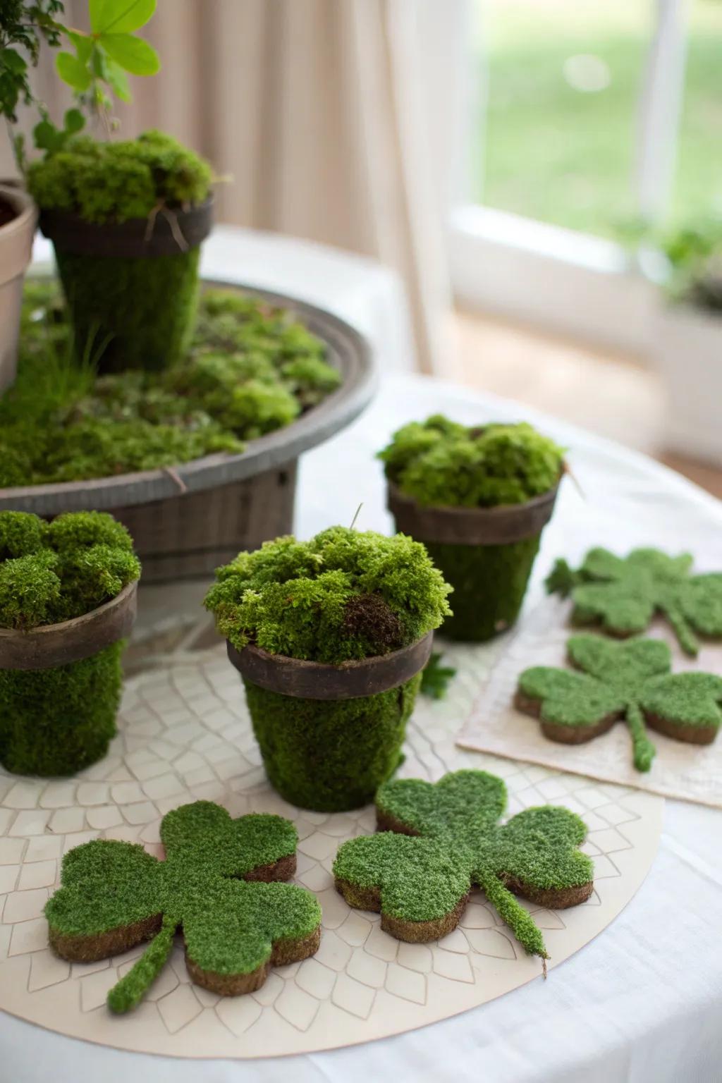 Incorporate dimension into your decor with handcrafted moss clovers.