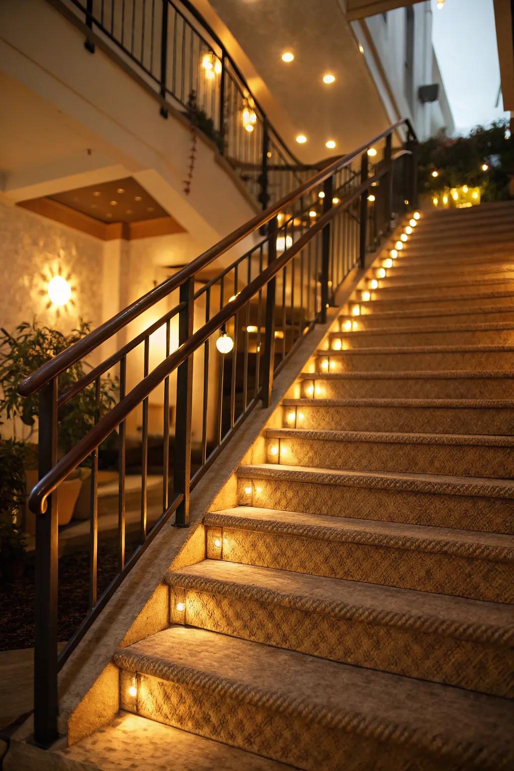 Ambient lighting elevates the staircase's atmosphere.