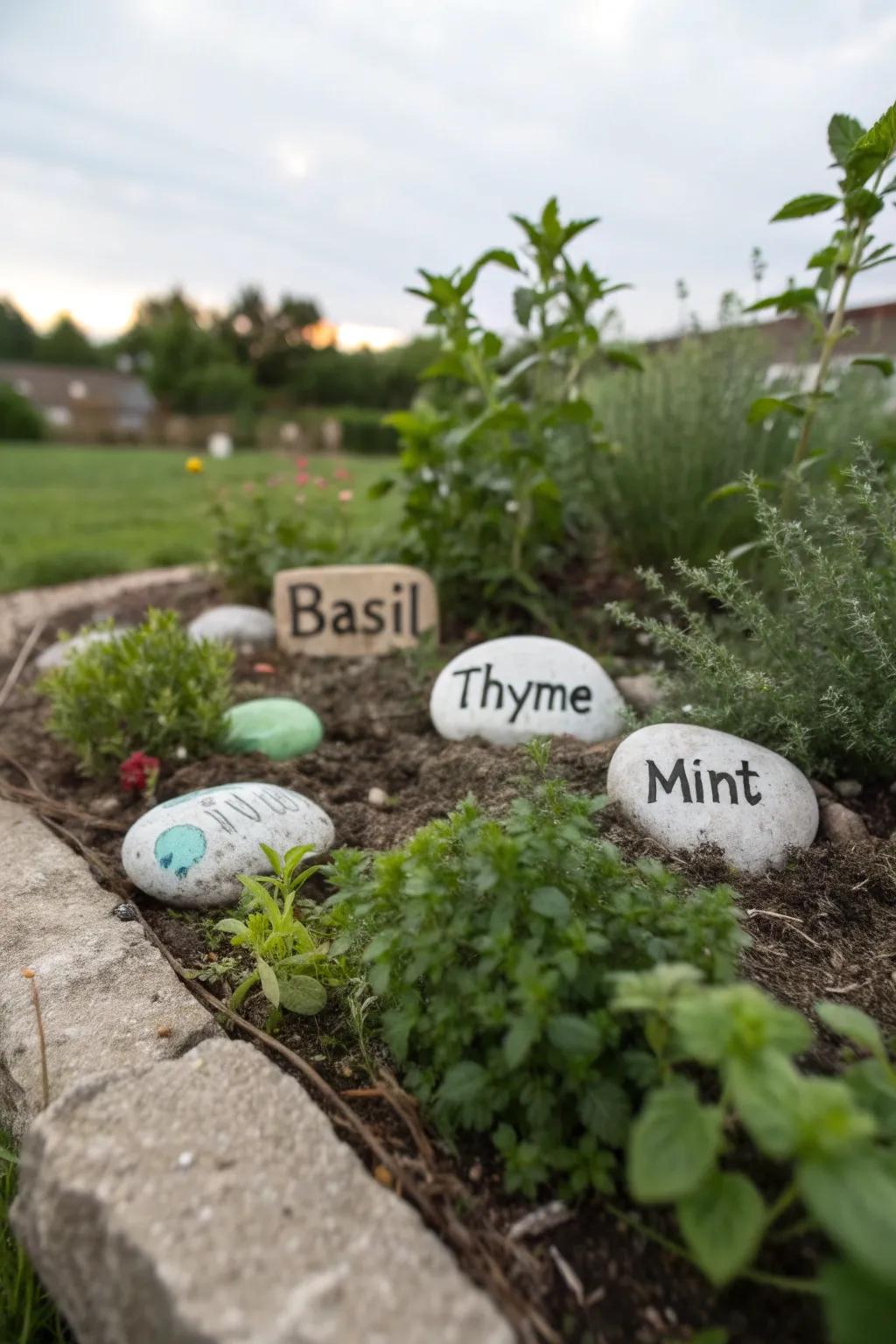 Quaint, adorned stone botanical markers peppered around a garden.