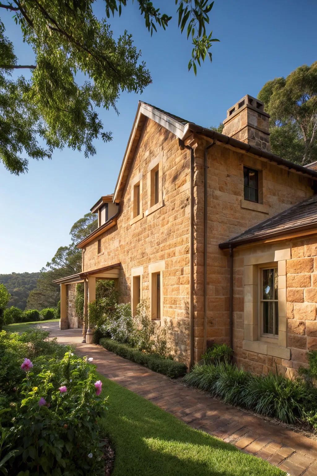 A welcoming house featuring a warm granular rock facade.