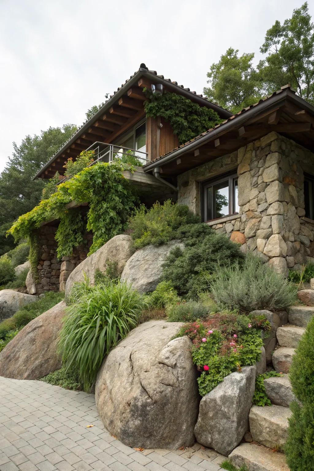 A house intricately fused with natural stone formations.
