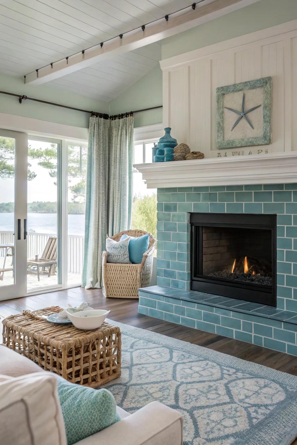 Subtle color variations in rectangle tiles create a soothing coastal vibe.