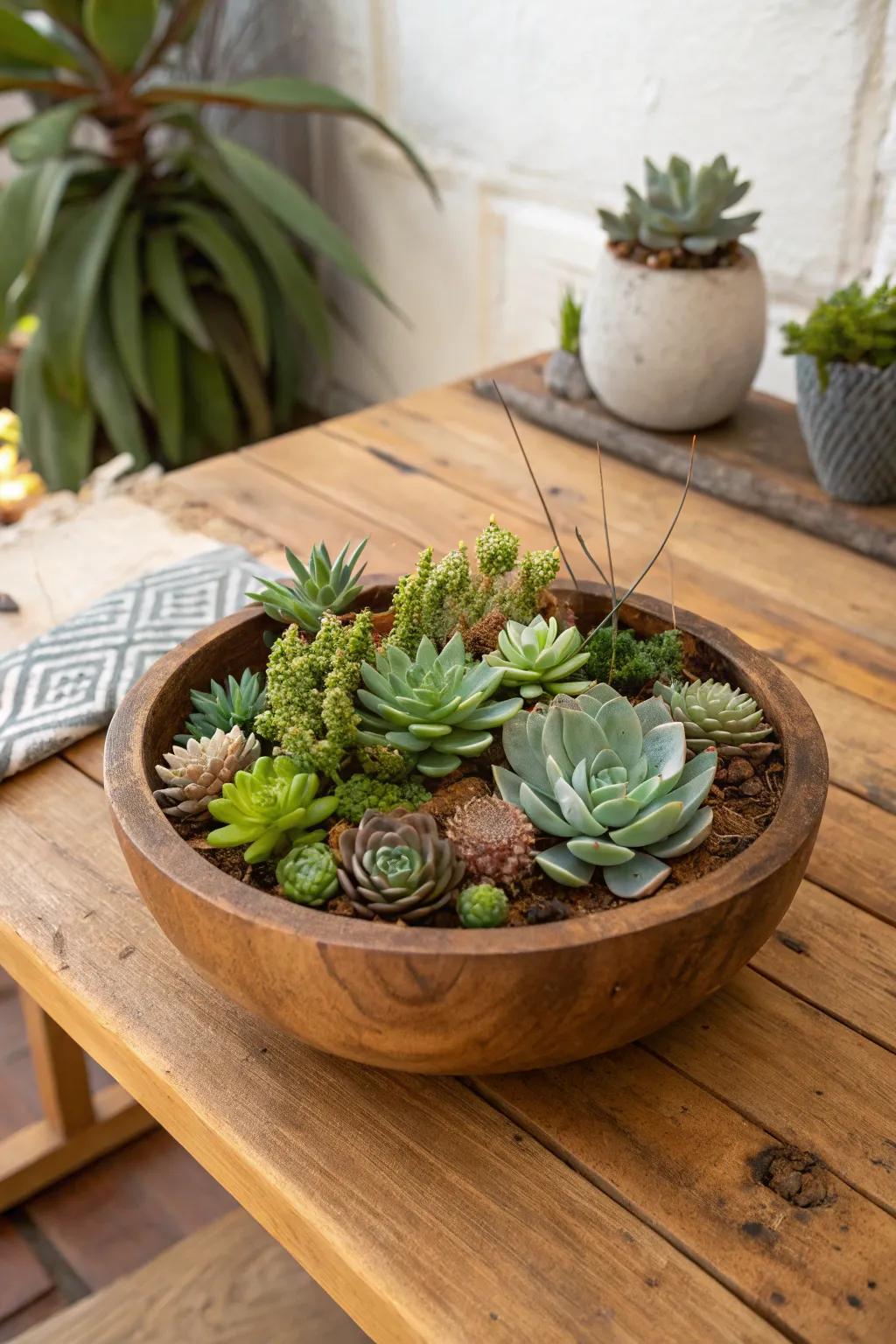 A rustic succulent garden nestled in a charming wooden bowl.