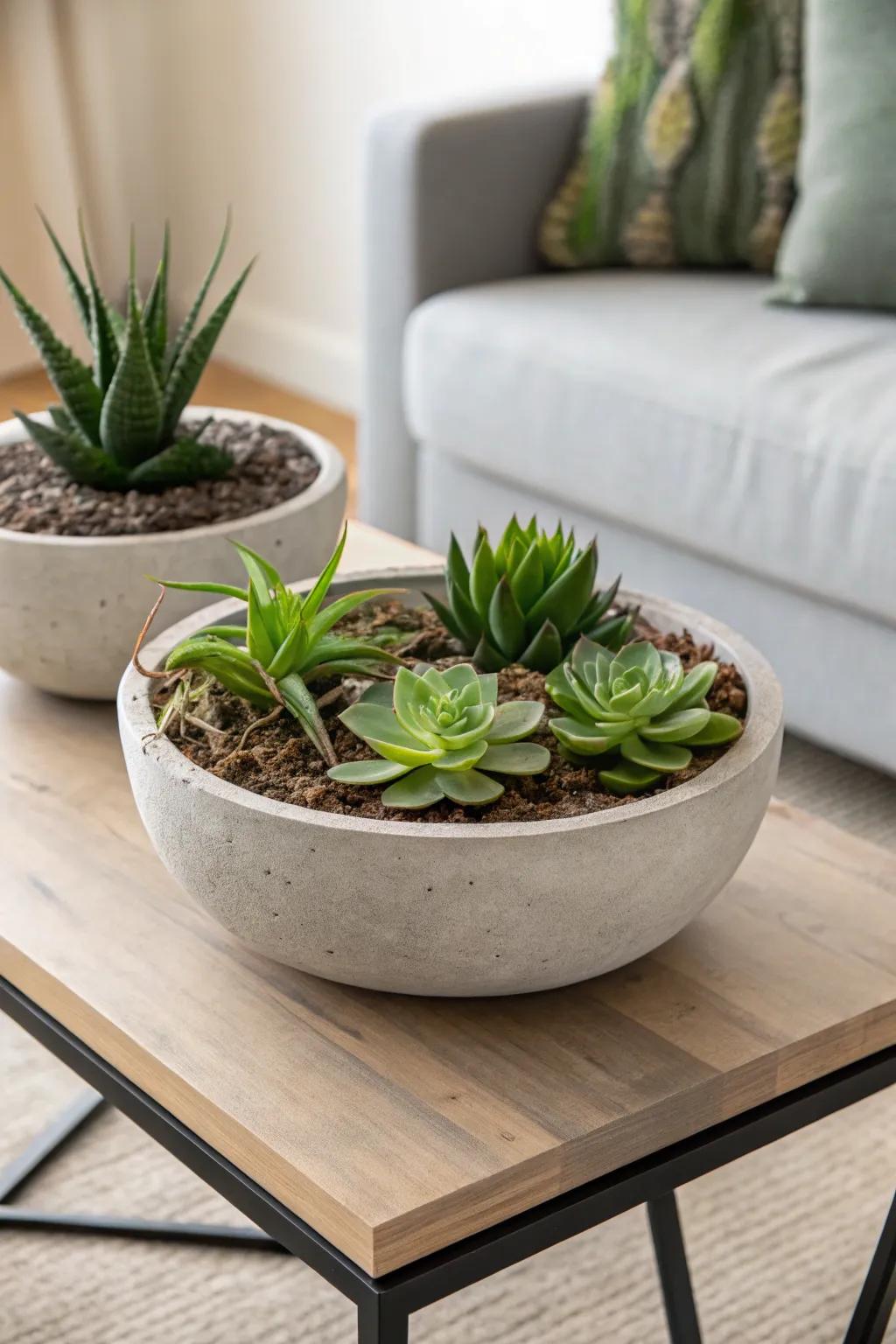 Concrete bowls present a contemporary aesthetic for succulent compositions.