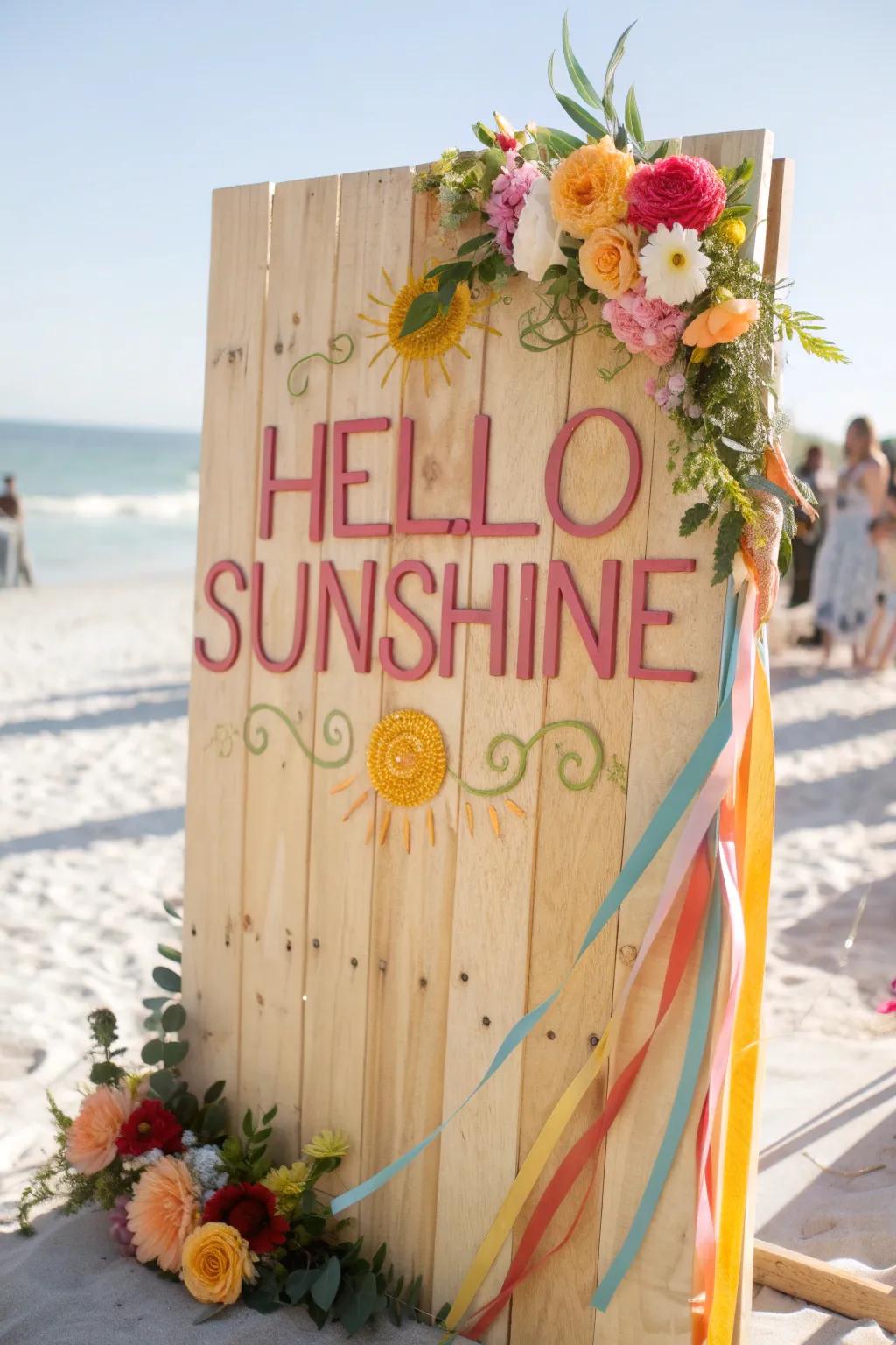 A display showcasing cheerful summer welcome phrases to greet the season.