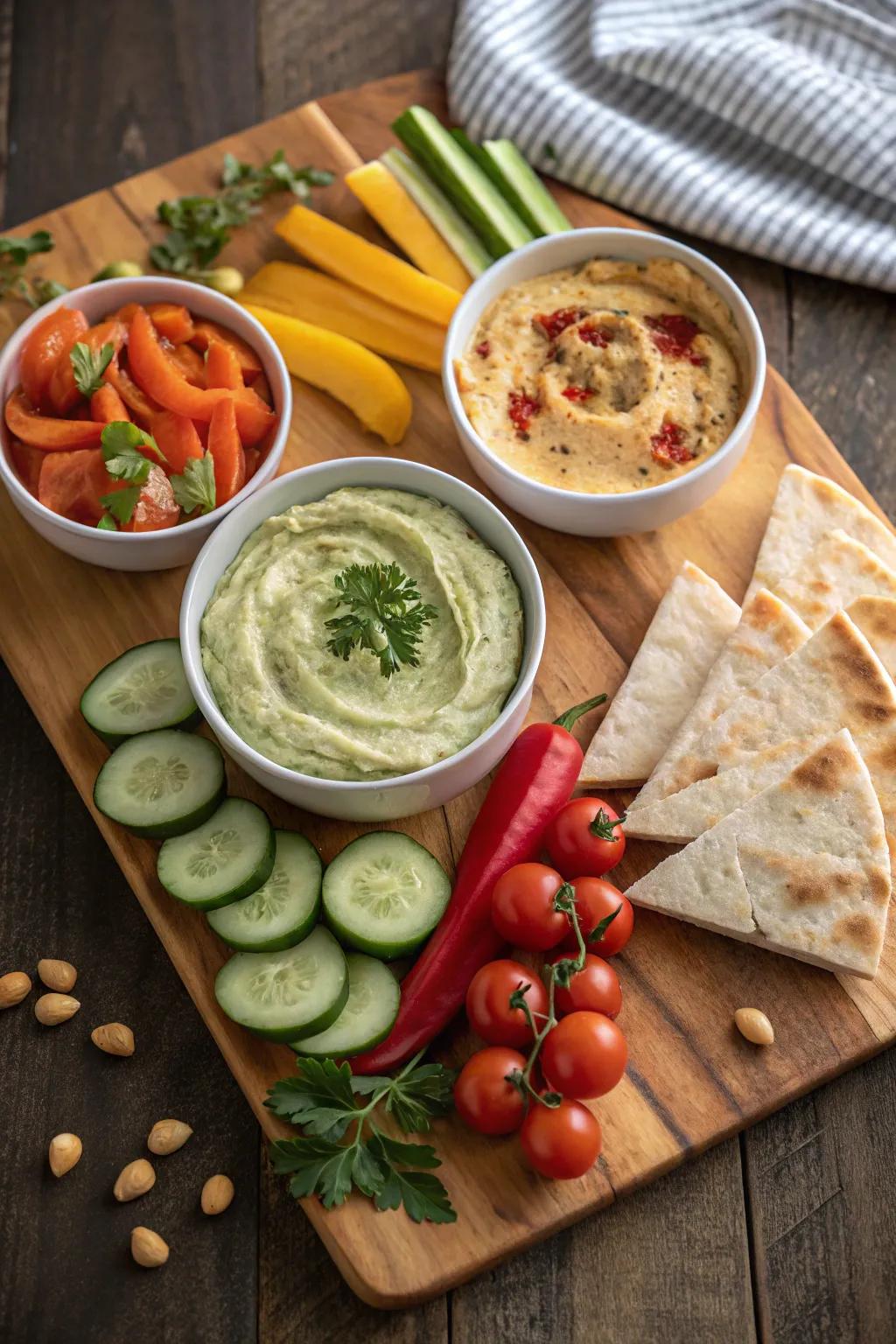 A variety of flavorful dips arranged for guest enjoyment.