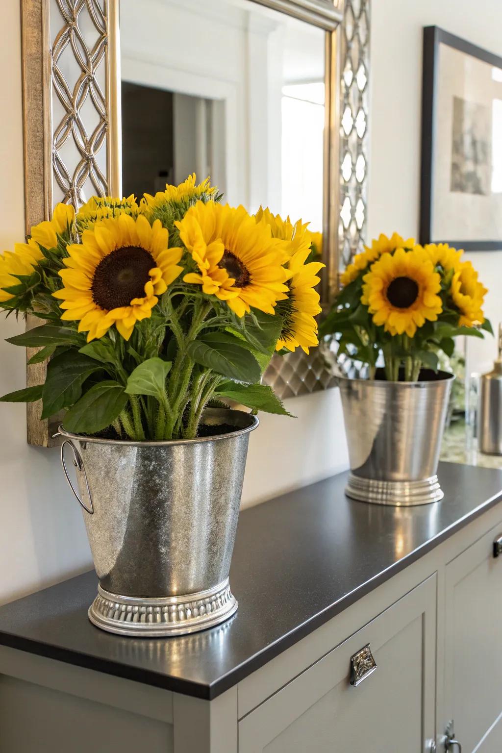 Harmonize the elements of nature and industry using metal pot sunflower displays.