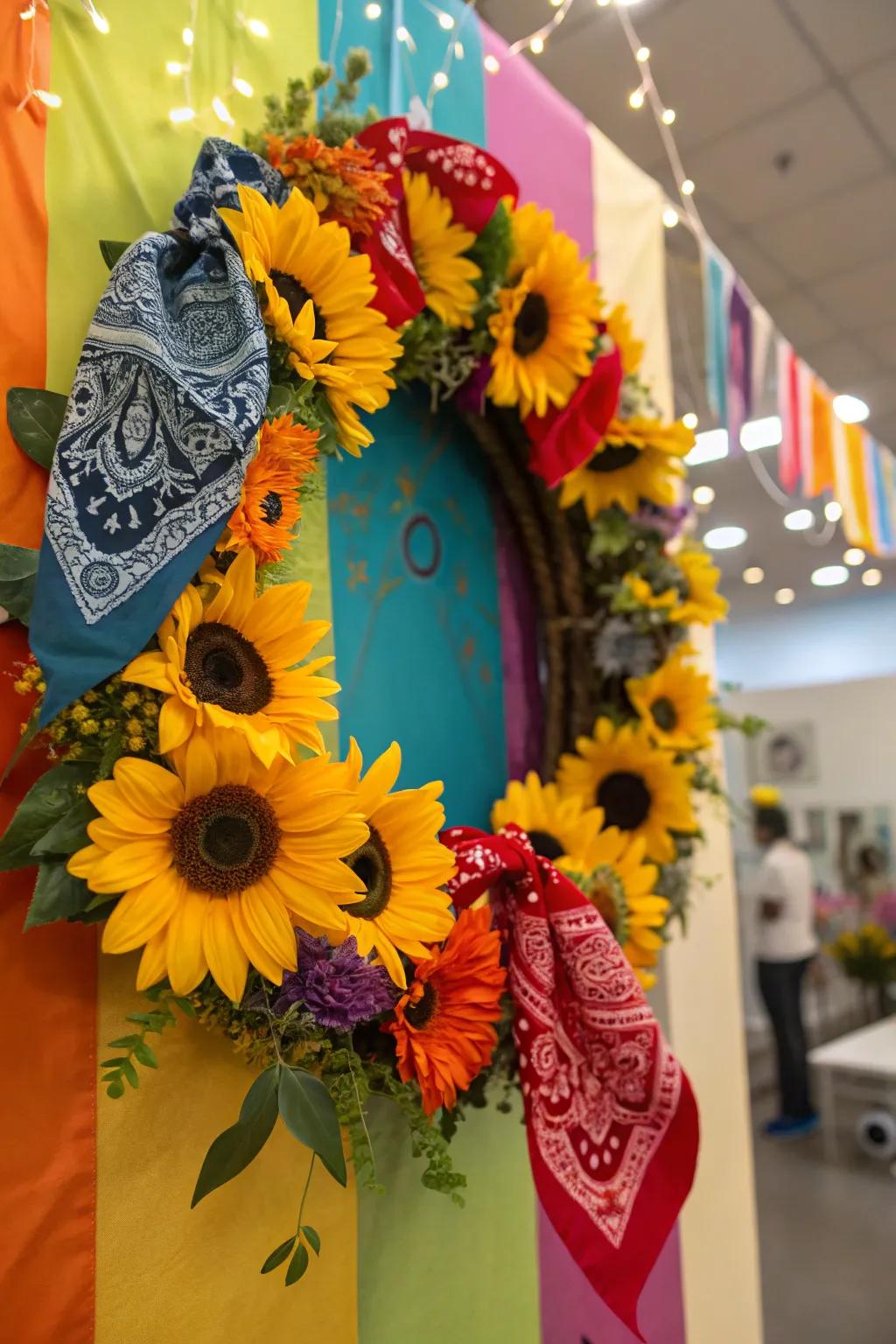 A playful and vivid kerchief rosette sunburst wreath.