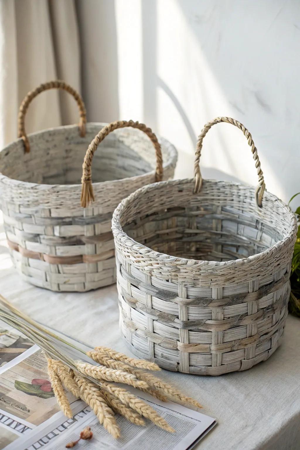 Sophistication in sustainability: Transform quotidian periodicals into breathtaking wicker containers with a soupçon of Boho allure.