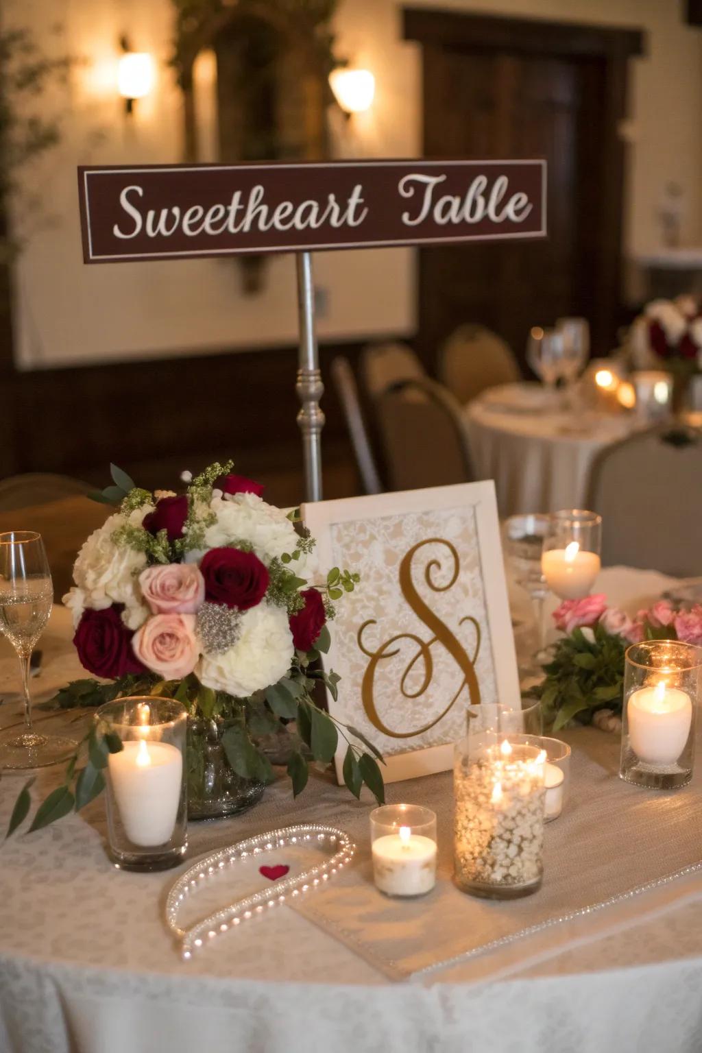 A sweetheart table featuring personalized placards and monograms for a unique nuance.