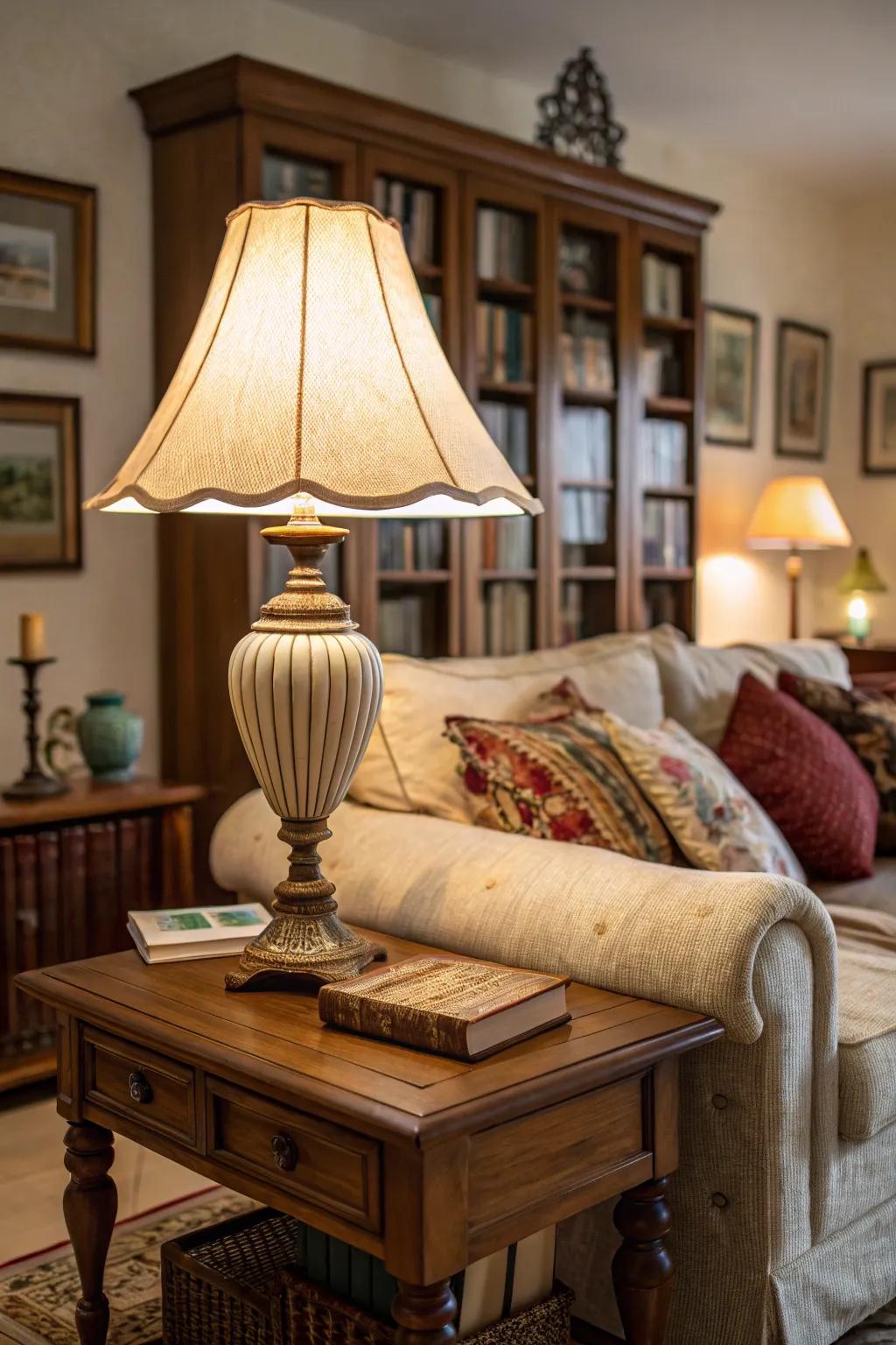 A vintage table lamp introduces timeless grace to a traditional living space.