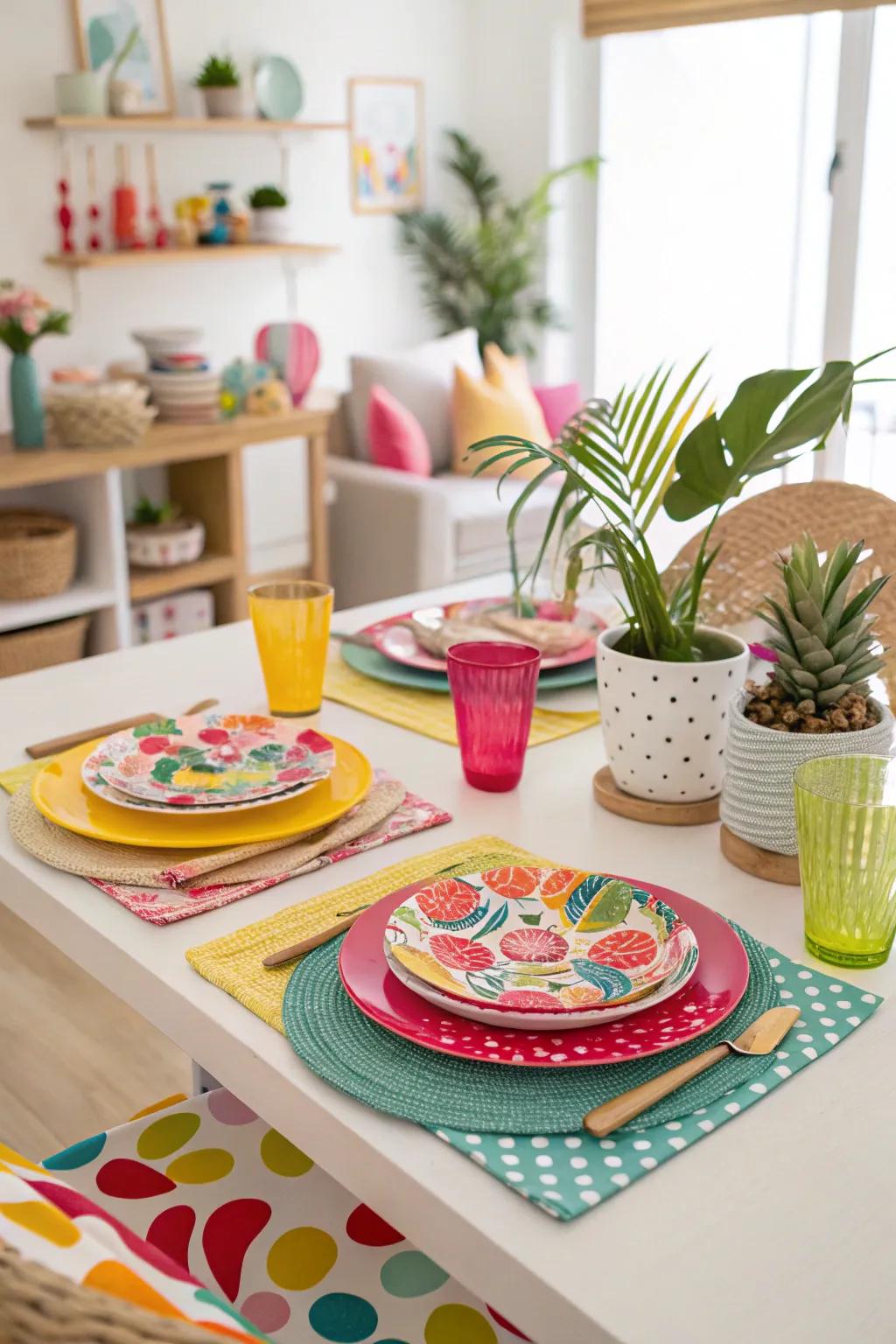 A playful table arrangement featuring vibrant colors and fun accessories.