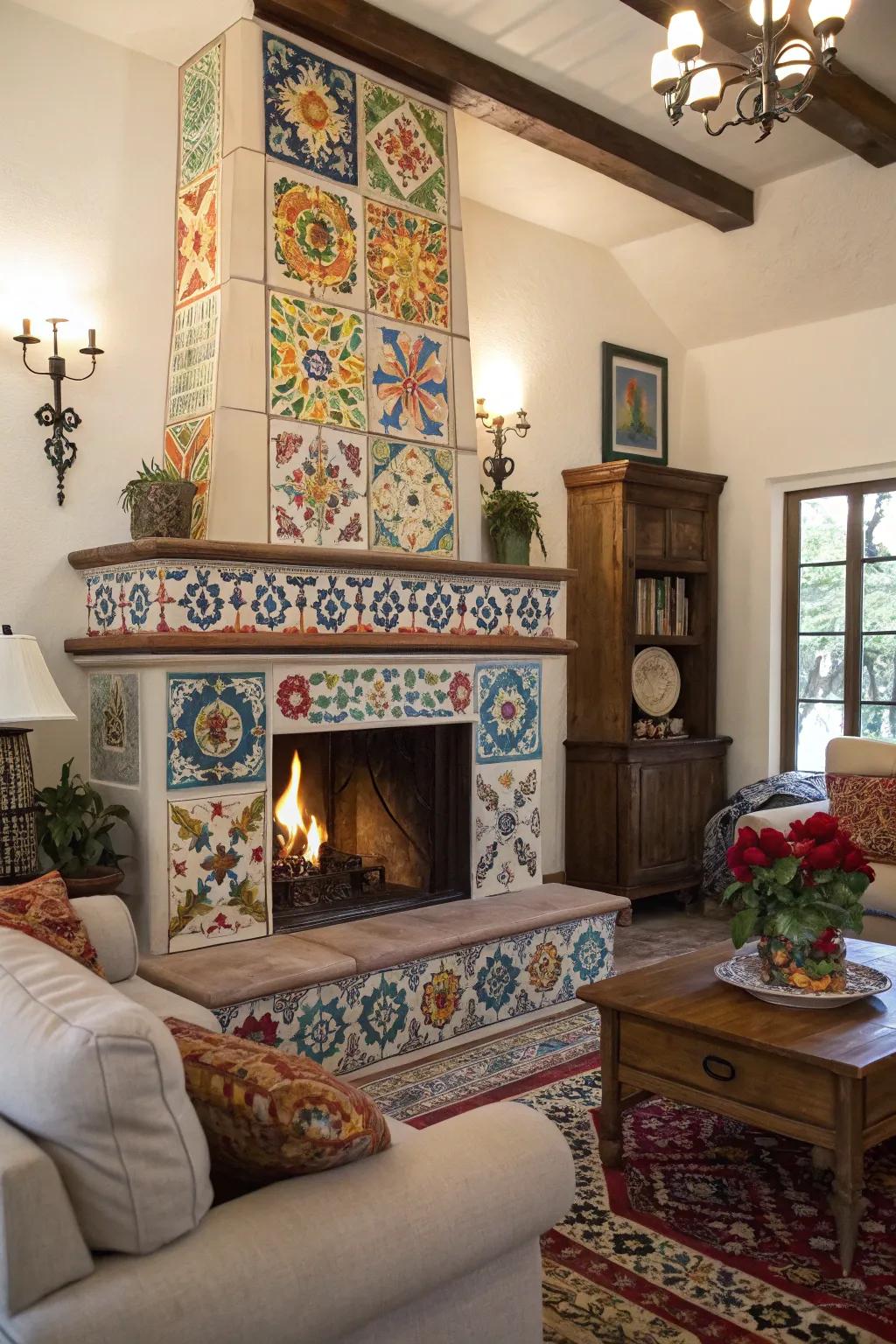 Settle in by an Artisan Motif-tiled fireplace.