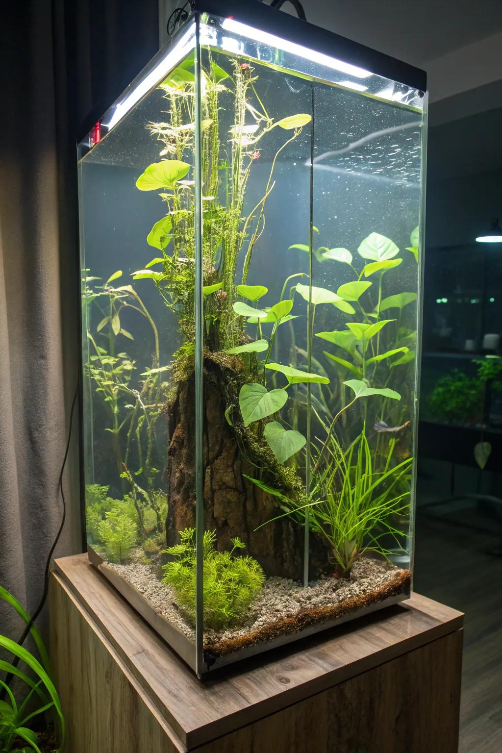 A towering aquarium displaying a paradise of drifting flora.