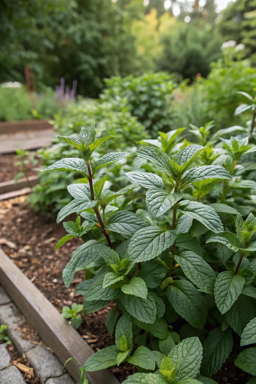 Peppermint leaves thriving, prepared to render a revitalizing surge within your tea.
