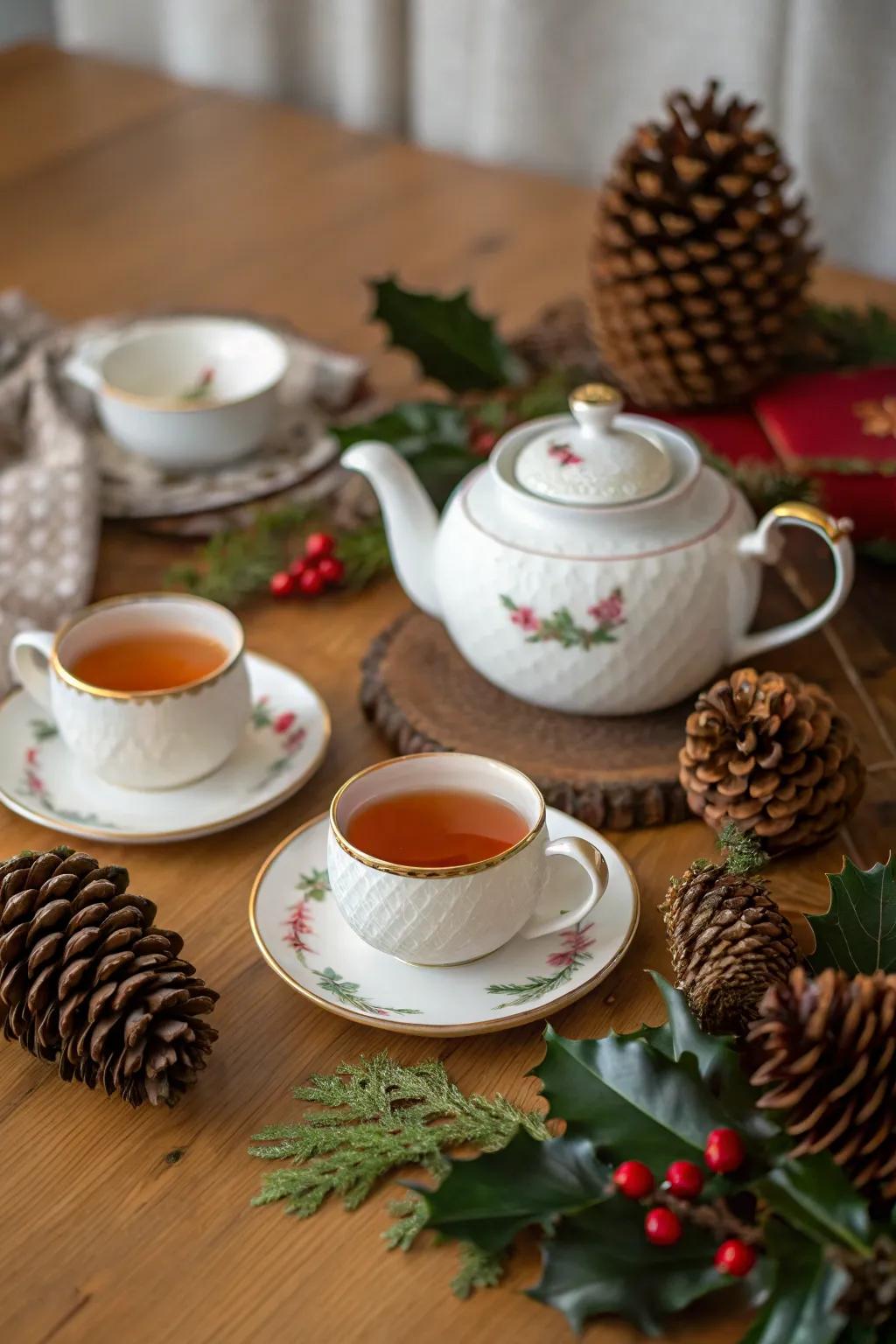 A festive tea set ensemble enhanced with seasonal details.
