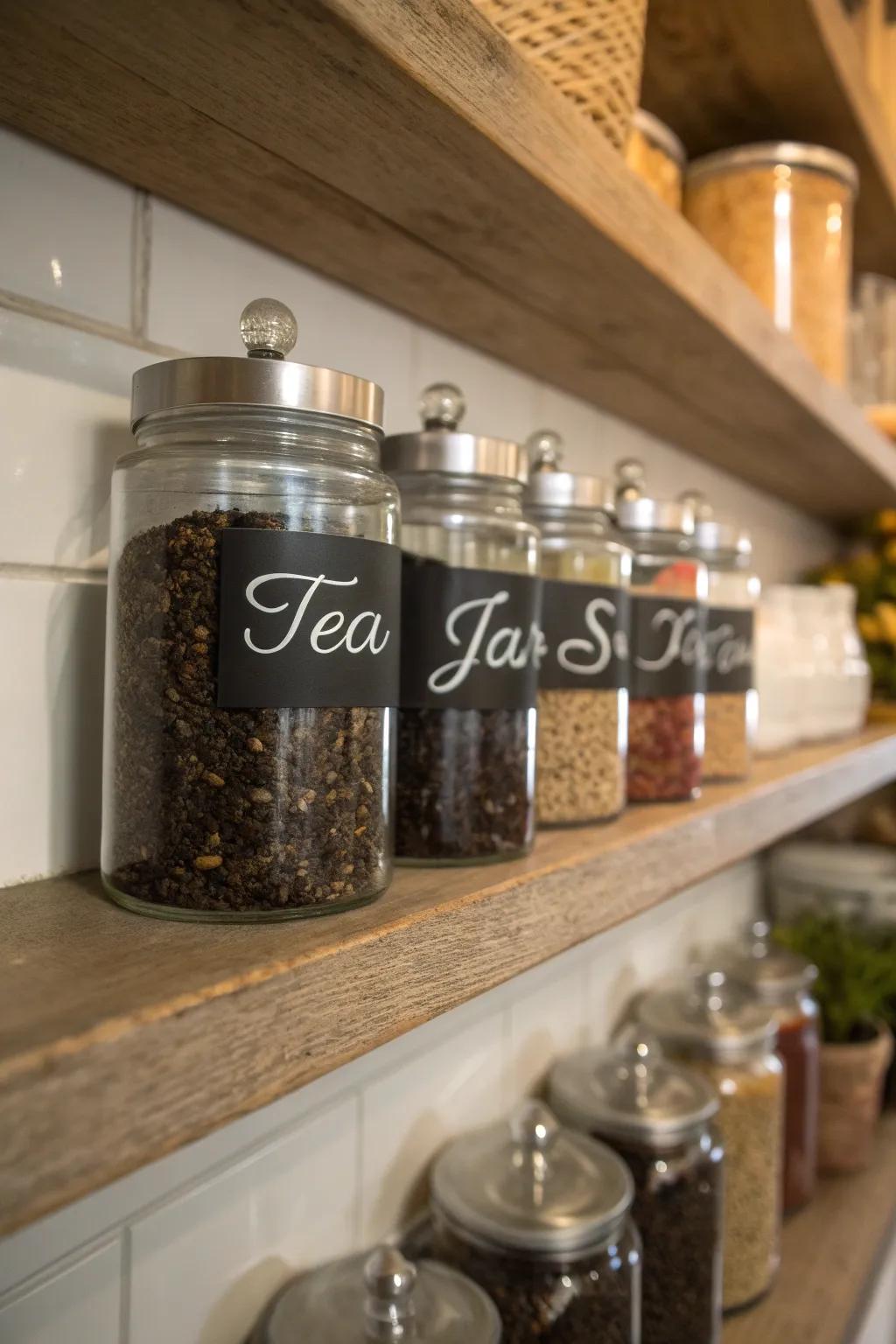 Tea jars adorned with labels for uncomplicated recognition.