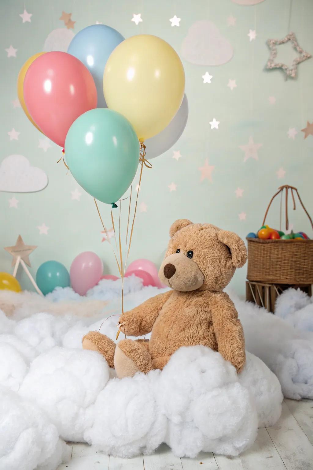 A dreamy cloud and balloons arrangement for a stuffed bear centerpiece.