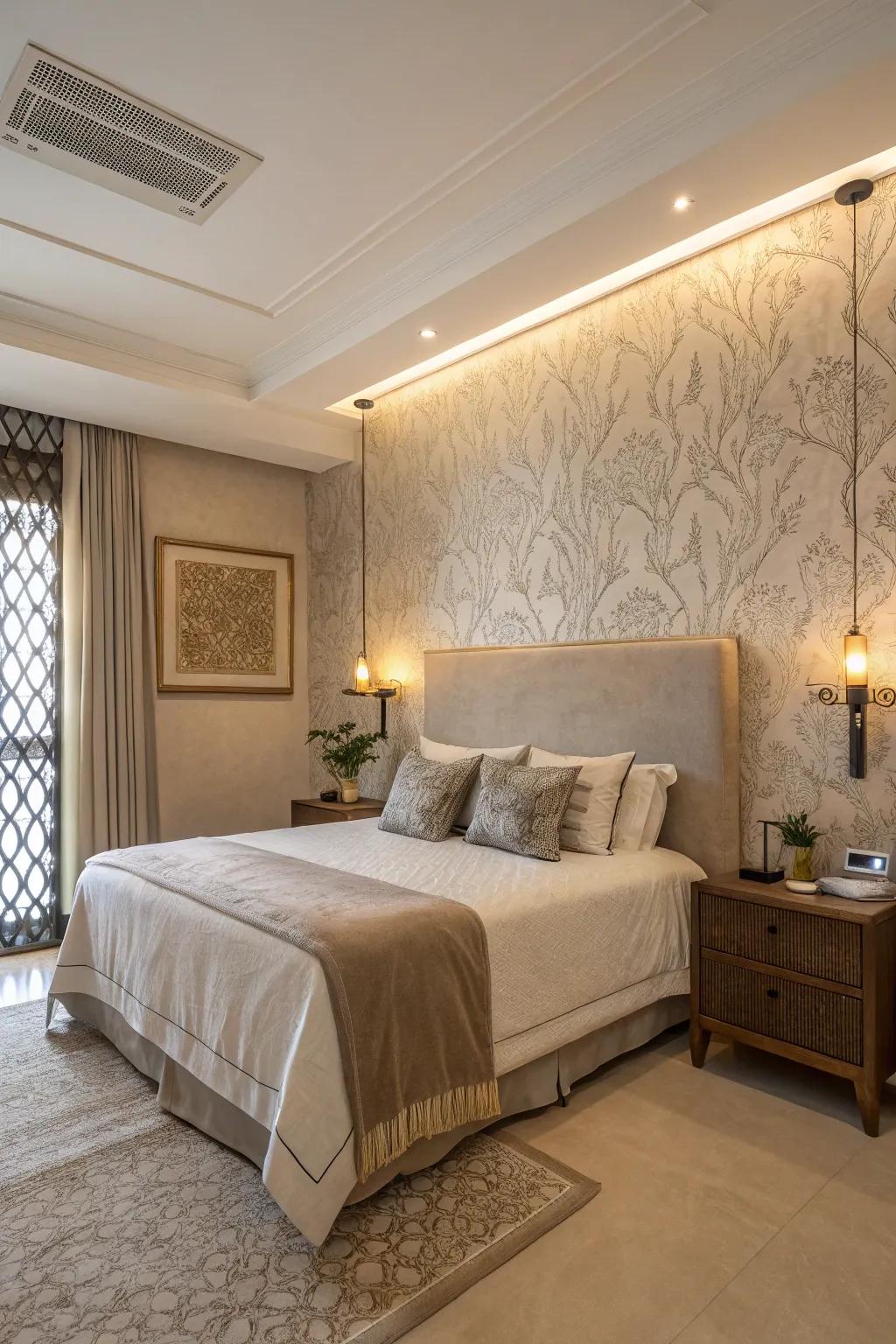 A tranquil bedroom featuring a stylish textured wall.