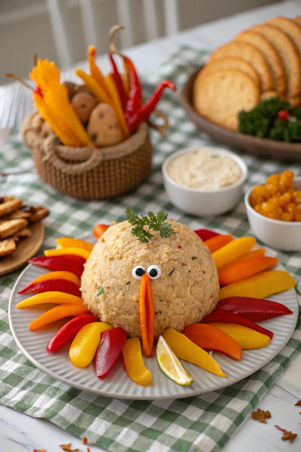 Veggie turkey cheese ball with vibrant peppers.