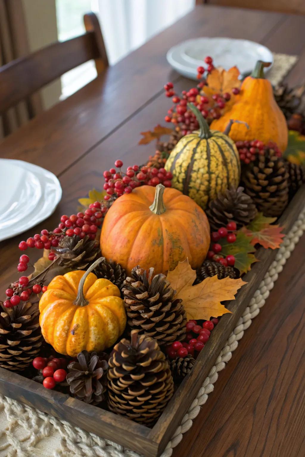 A nature-inspired core design that blends squashes, conifer cones, and berries.