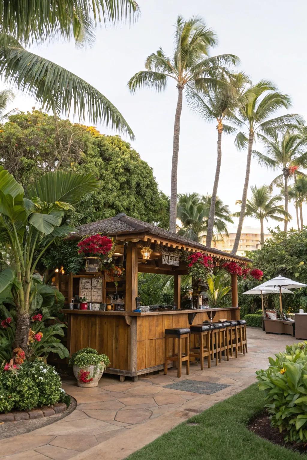 An outdoor setting amplifies the tropical getaway offered by a tiki bar.