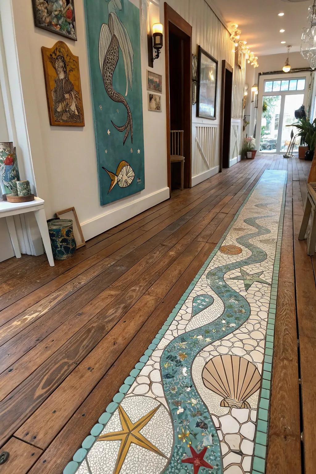 Scale-like tiles fashion a whimsical transition into hardwood surfacing.
