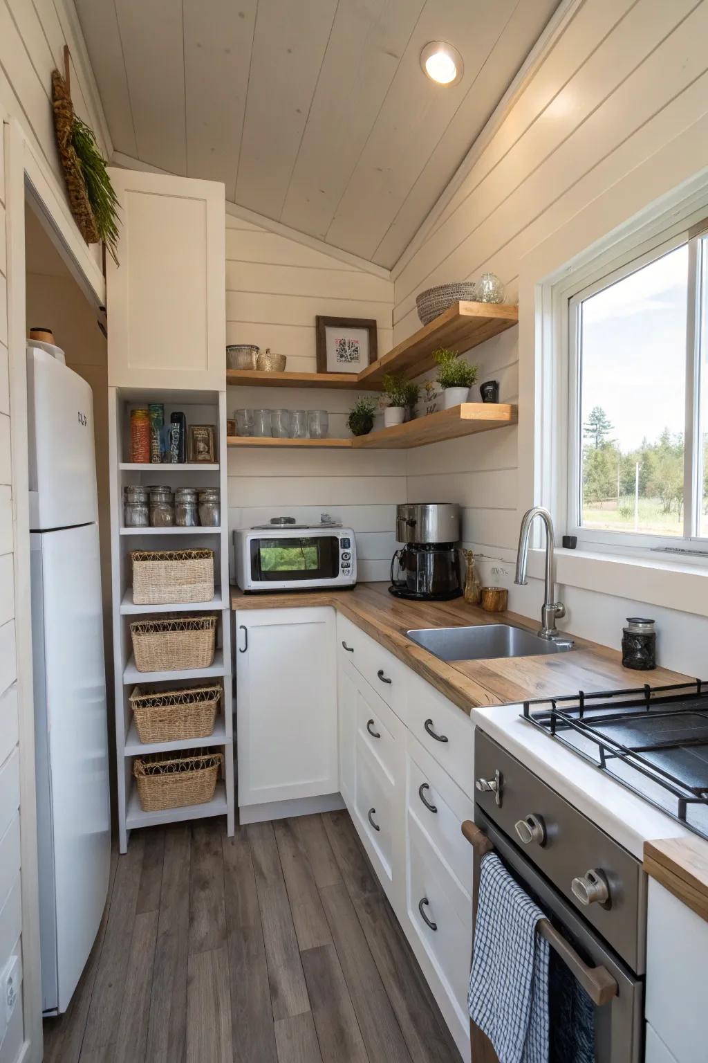 Inventive storage for an all-inclusive cooking space.