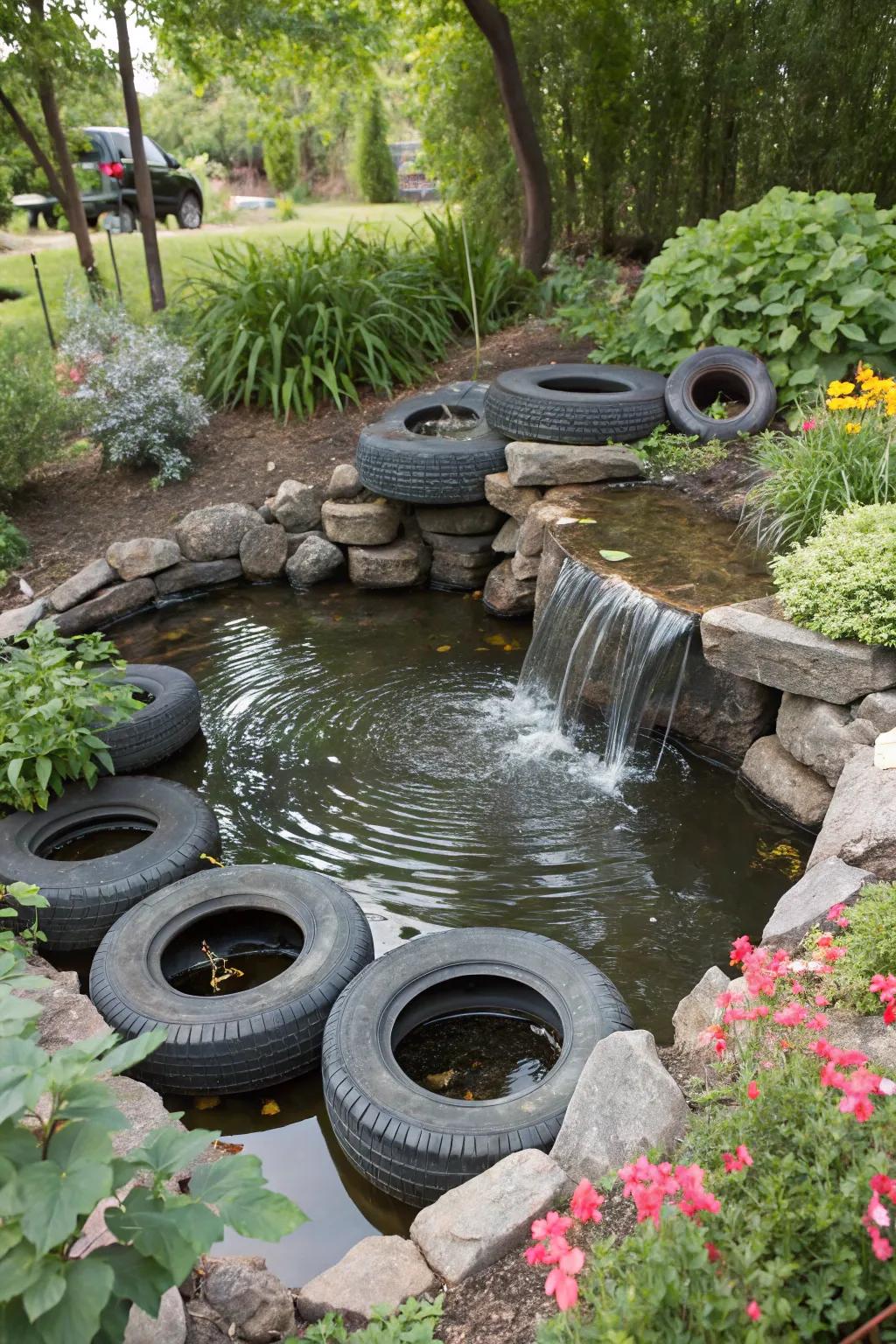 A tire water feature graced with a comforting precipice element.