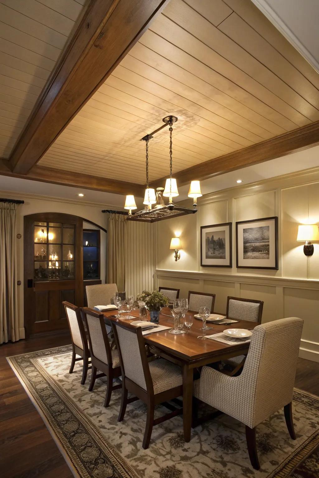 Plank ceiling adds a theatrical flair to this dining space.