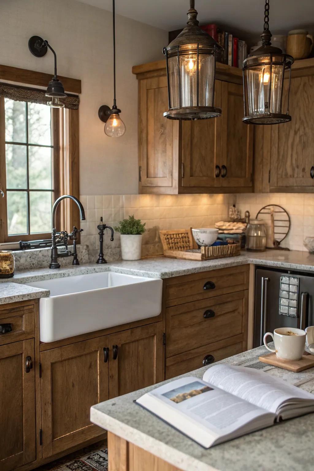 Rural cottage-inspired cabinets cultivate a welcoming and nostalgic kitchen ambiance.