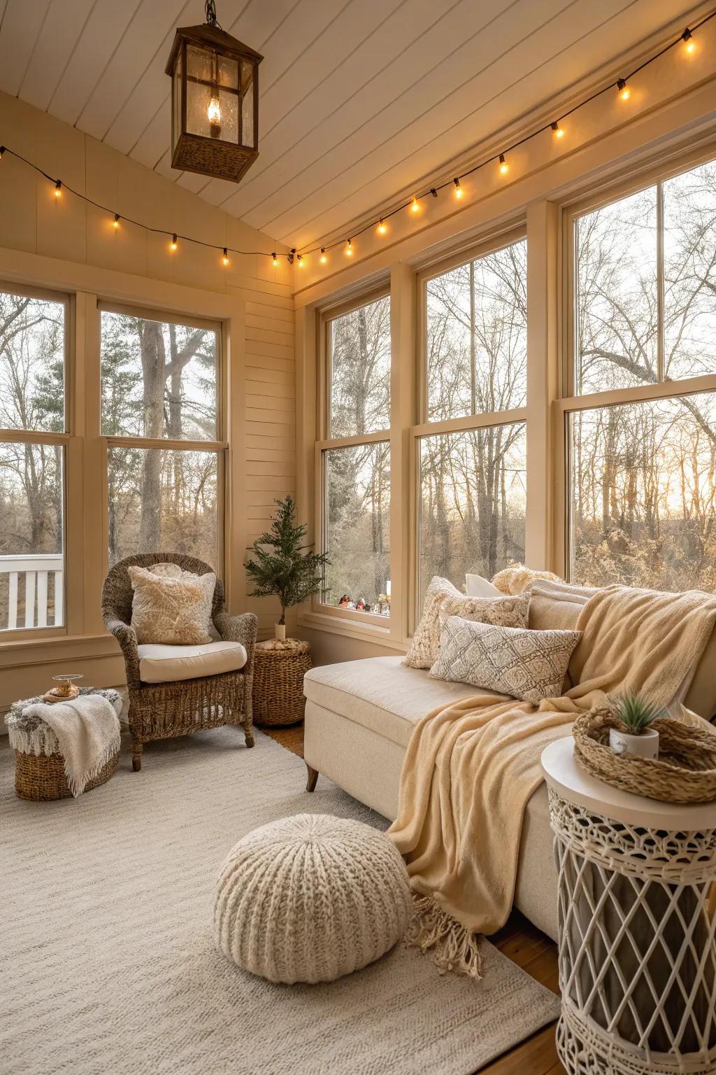 Warm beige walls establishing a comfortable and inviting sunroom space.