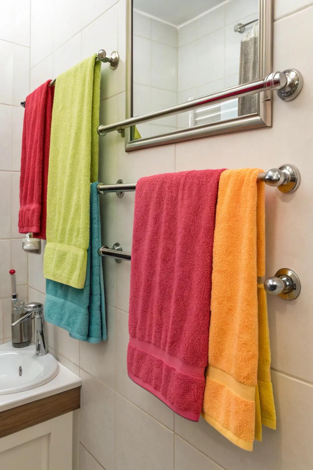 Create a dynamic display with a trio of towel bars for family-friendly functionality.