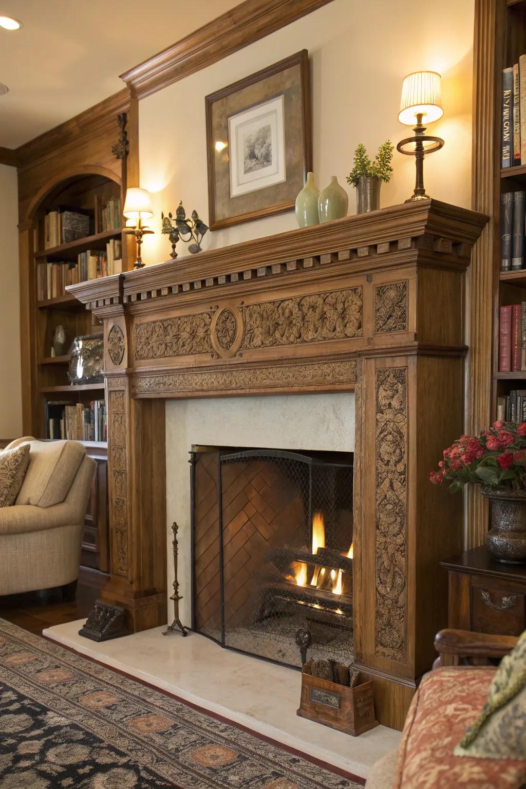 A carved timber mantel infuses coziness into the fireplace.