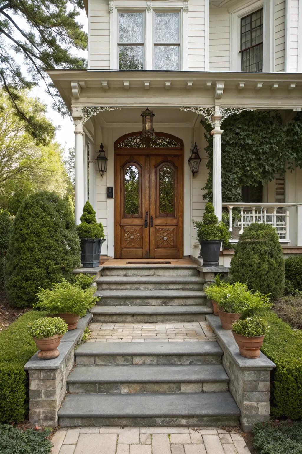 An inviting deck enriches a traditional front door's depth.