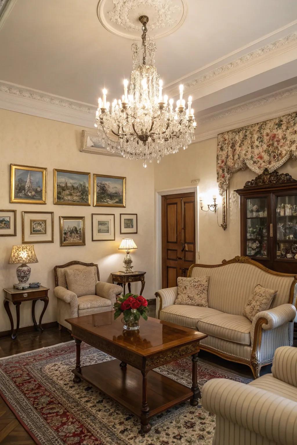 Refined lighting fixtures impart sophistication to a classic living room.