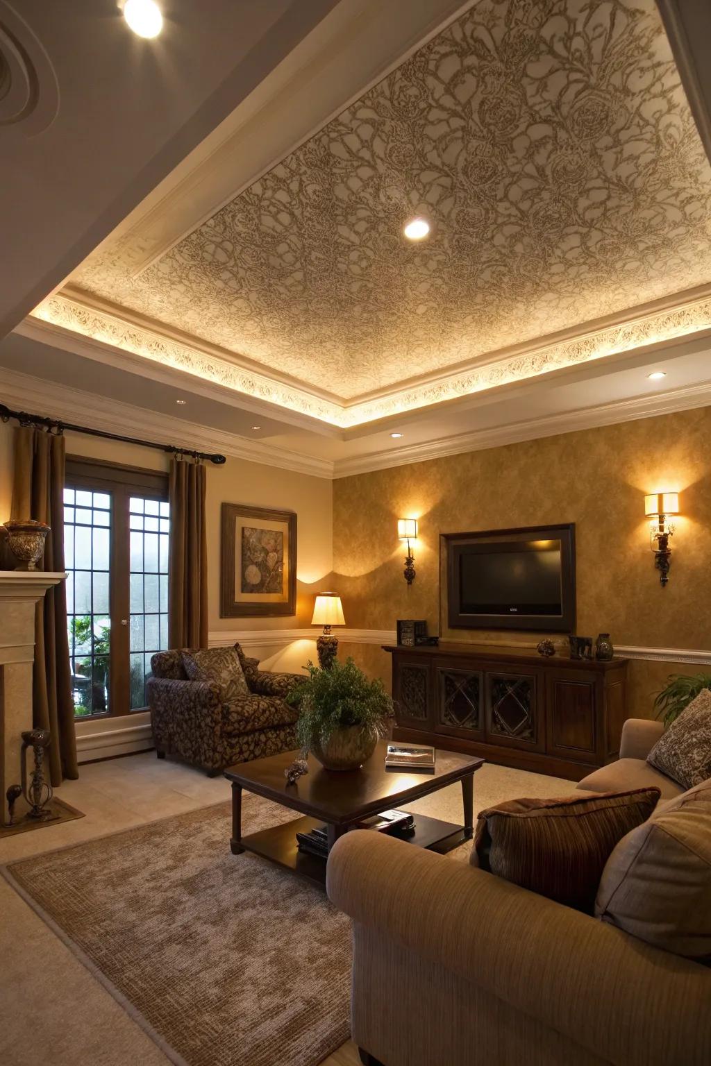 A living room showcases a tray ceiling adorned with varying hues and compositions.